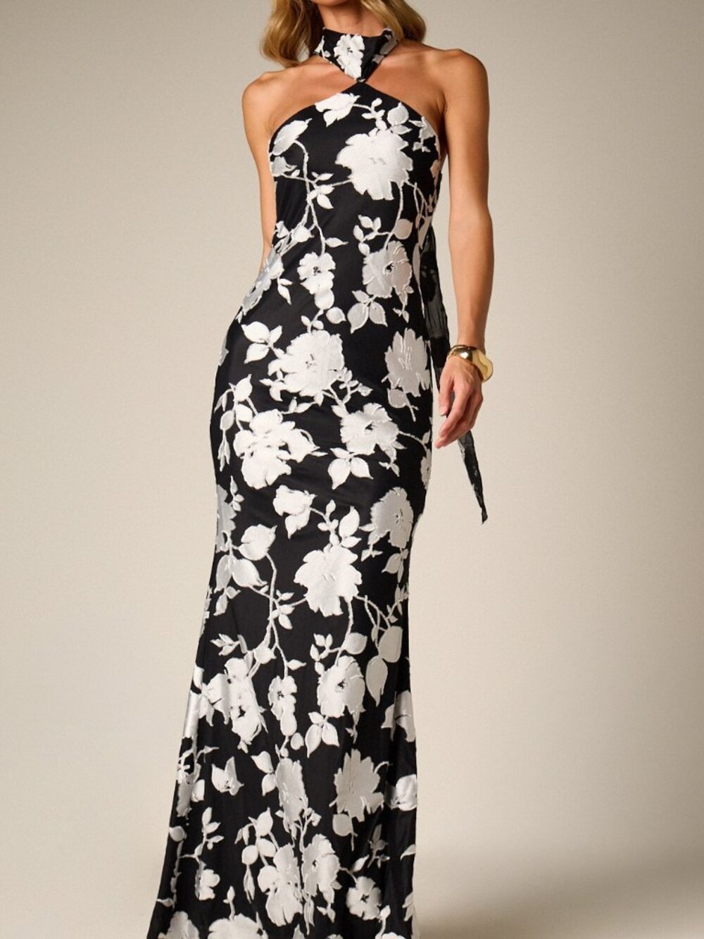 Multicolor Elegant Women's Floral Jacquard Halter Neck Maxi Dress - Picture 5 of 5